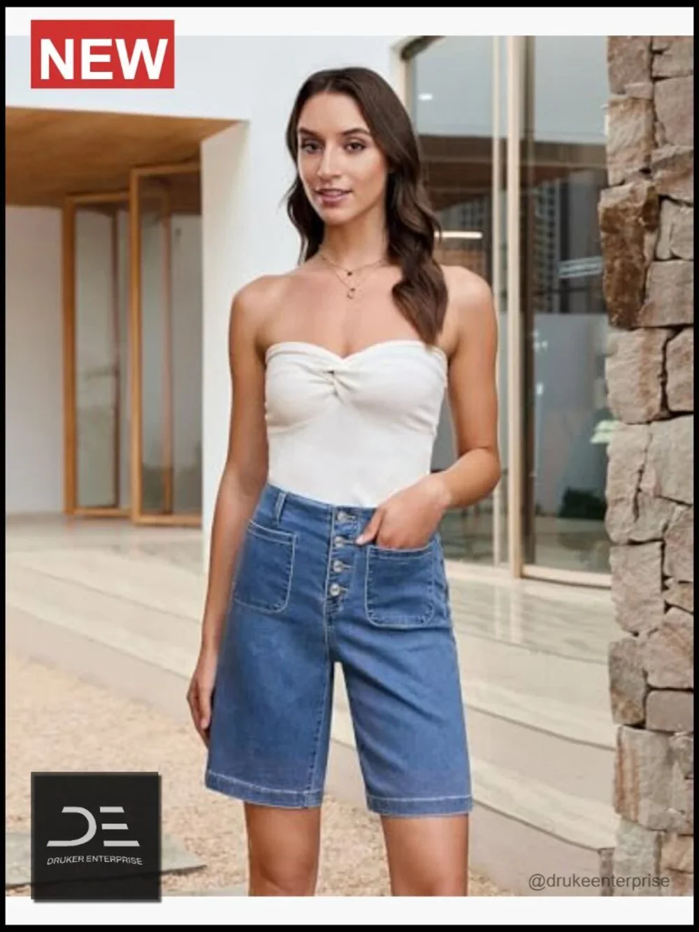 High Waisted Button Fly Bermuda Shorts with Pockets - Women's Stretch Denim